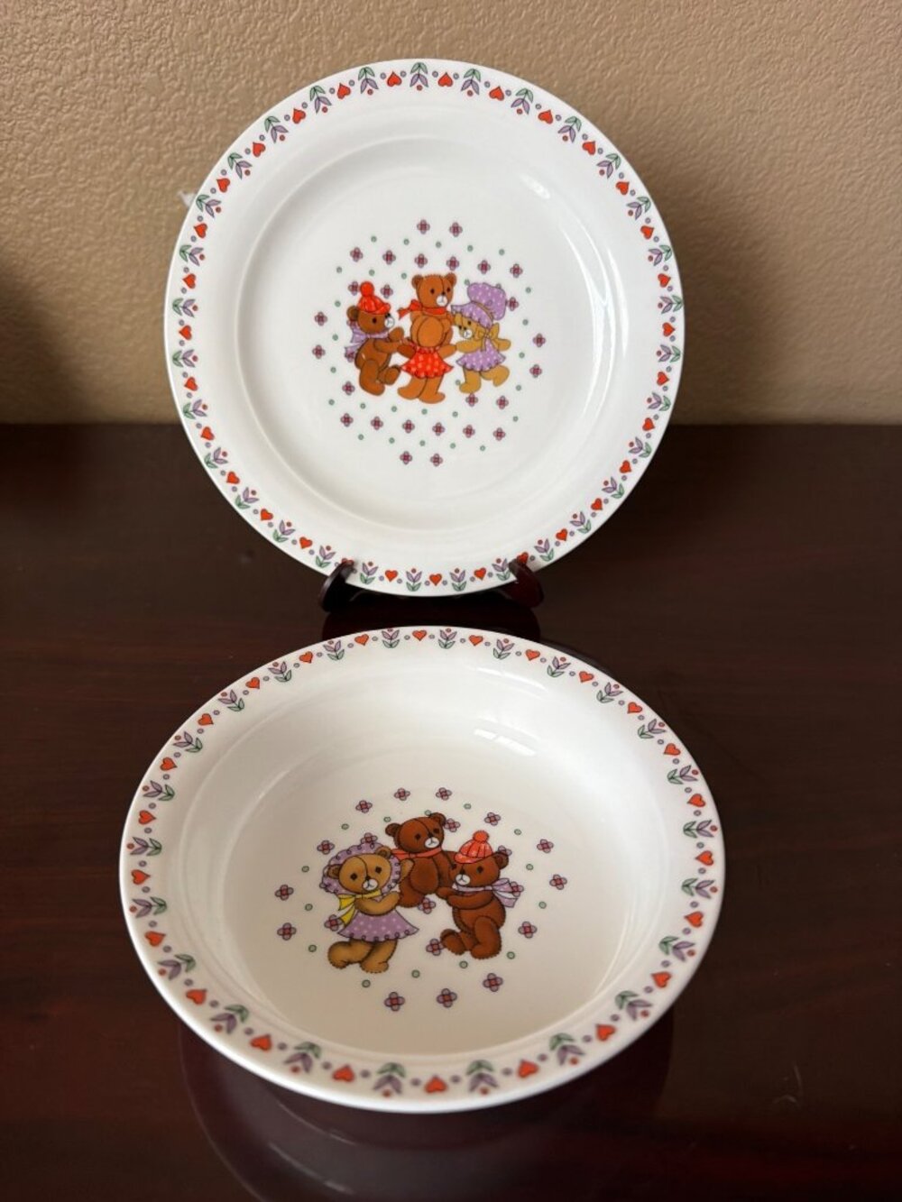 Vintage Hankook Dancing Bears Bone China Child Plate Bowl Set Korea Pattern 701